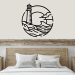 Load image into Gallery viewer, Ocean Lighthouse Metal Wall Art in black over your bed
