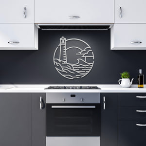 Ocean Lighthouse Metal Wall Art in silver in modern kitchen
