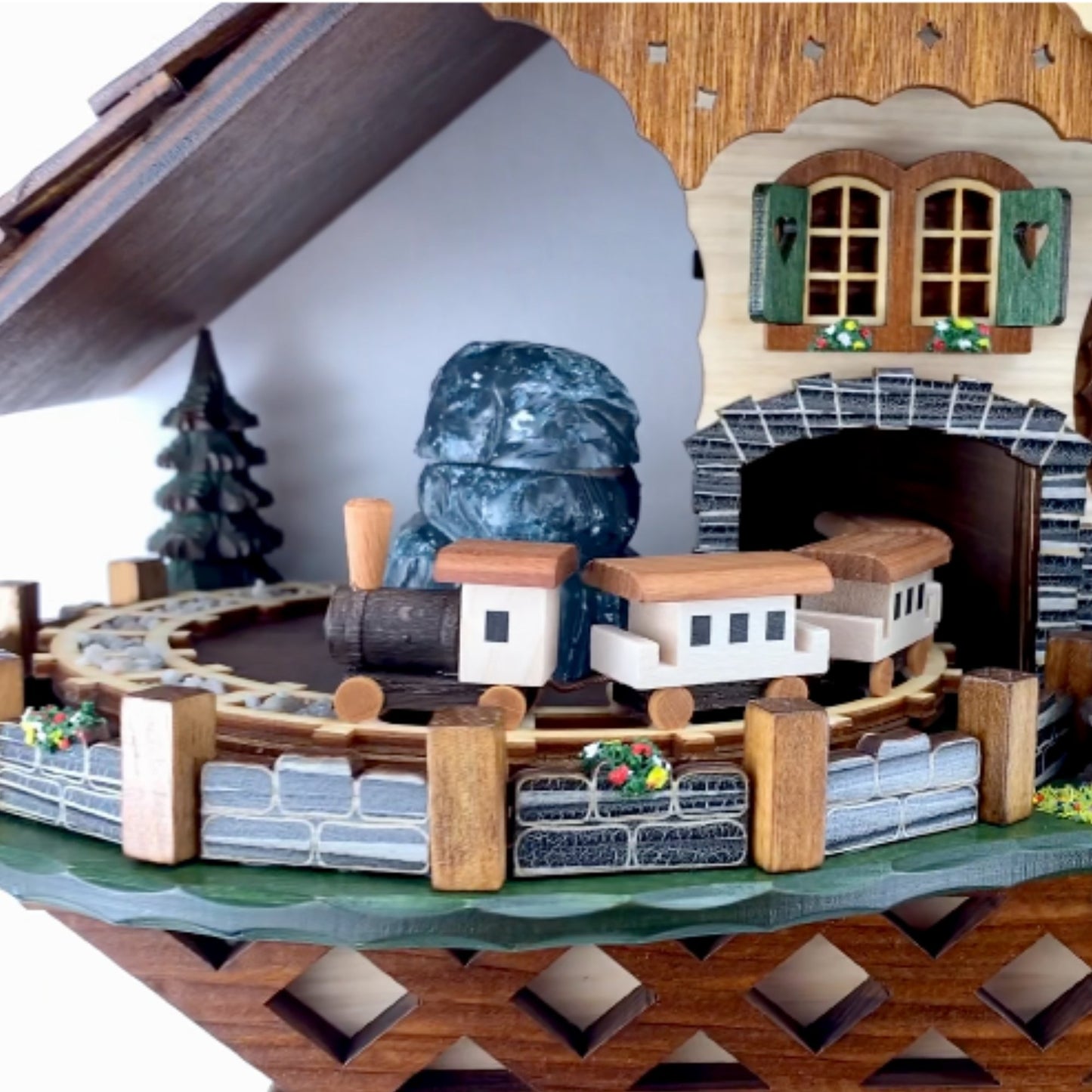 Quartz Train Cuckoo Clock,  Black Forest w/ Music train up close