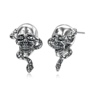 Sterling Silver Gothic Bone Snake Skull Stud Earrings Hallowmas Gift for Women Men
