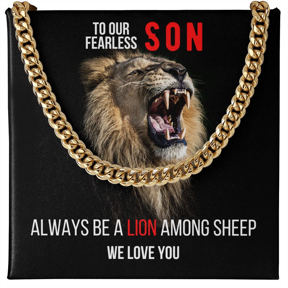 To My Son, Cuban Link Necklace & Card Gift, 14K Gold, Lion Among Sheep