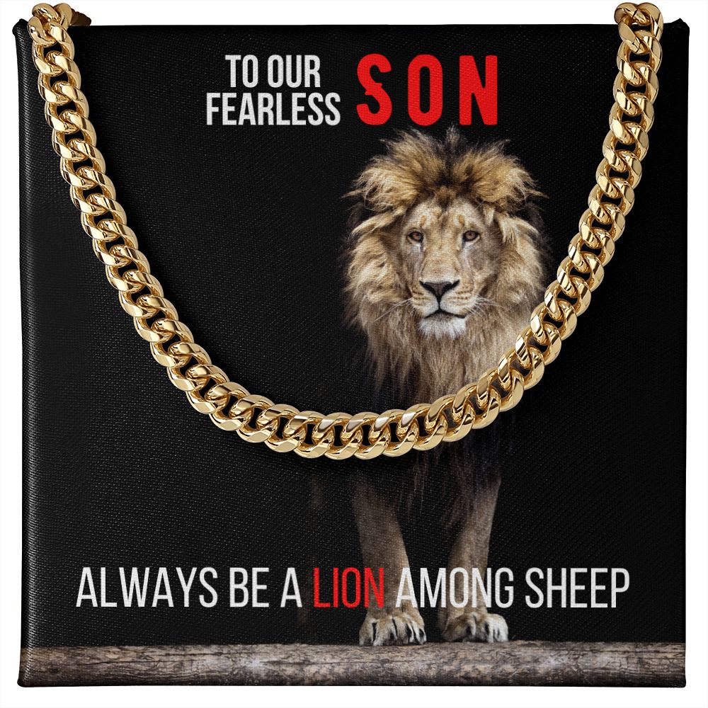 To My Son, Cuban Link Necklace & Card Gift, 14K Gold, Lion Among Sheep