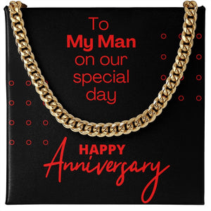 Cuban Link Anniversary Gift For Him, My Man, Red, 14K Gold Chain close up