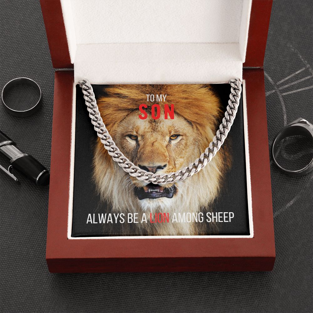 To My Son, Cuban Link Necklace & Card Gift, Stainless Steel, Lion Among Sheep