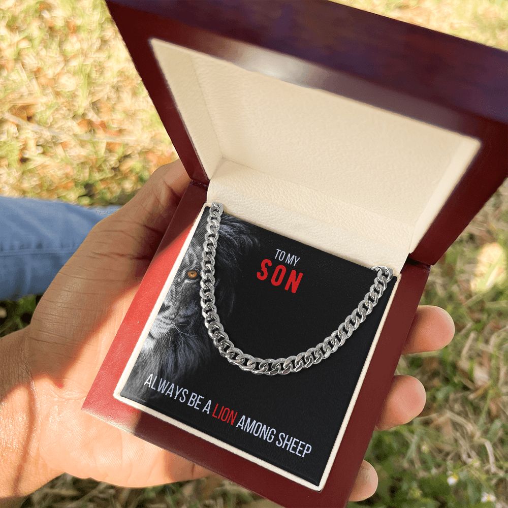 To My Son Cuban Link Necklace & Card Gift, Stainless Steel, Lion Among Sheep