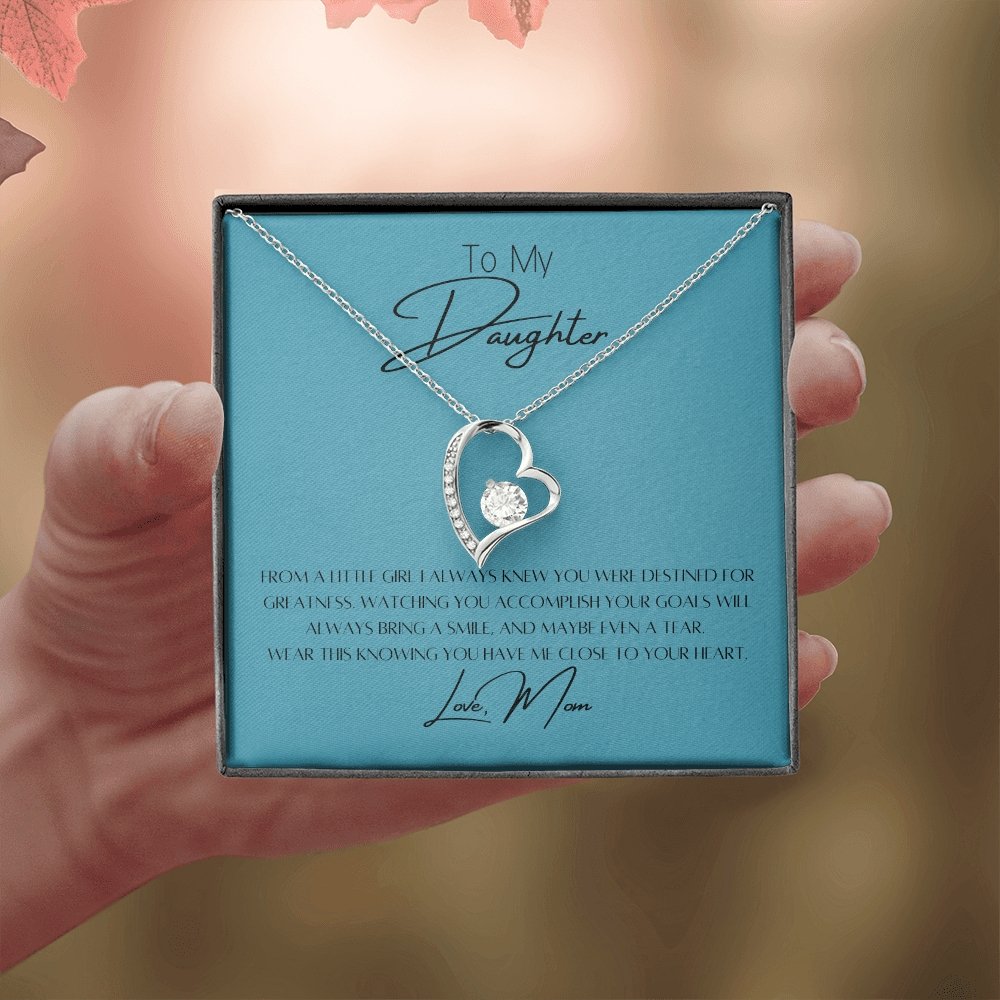 To My Daughter Heart Necklace & Gift Message, From Mom, Blue held up 