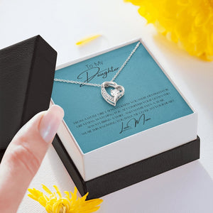 To My Daughter Heart Necklace & Gift Message, From Mom, Blue being opened for giftiing