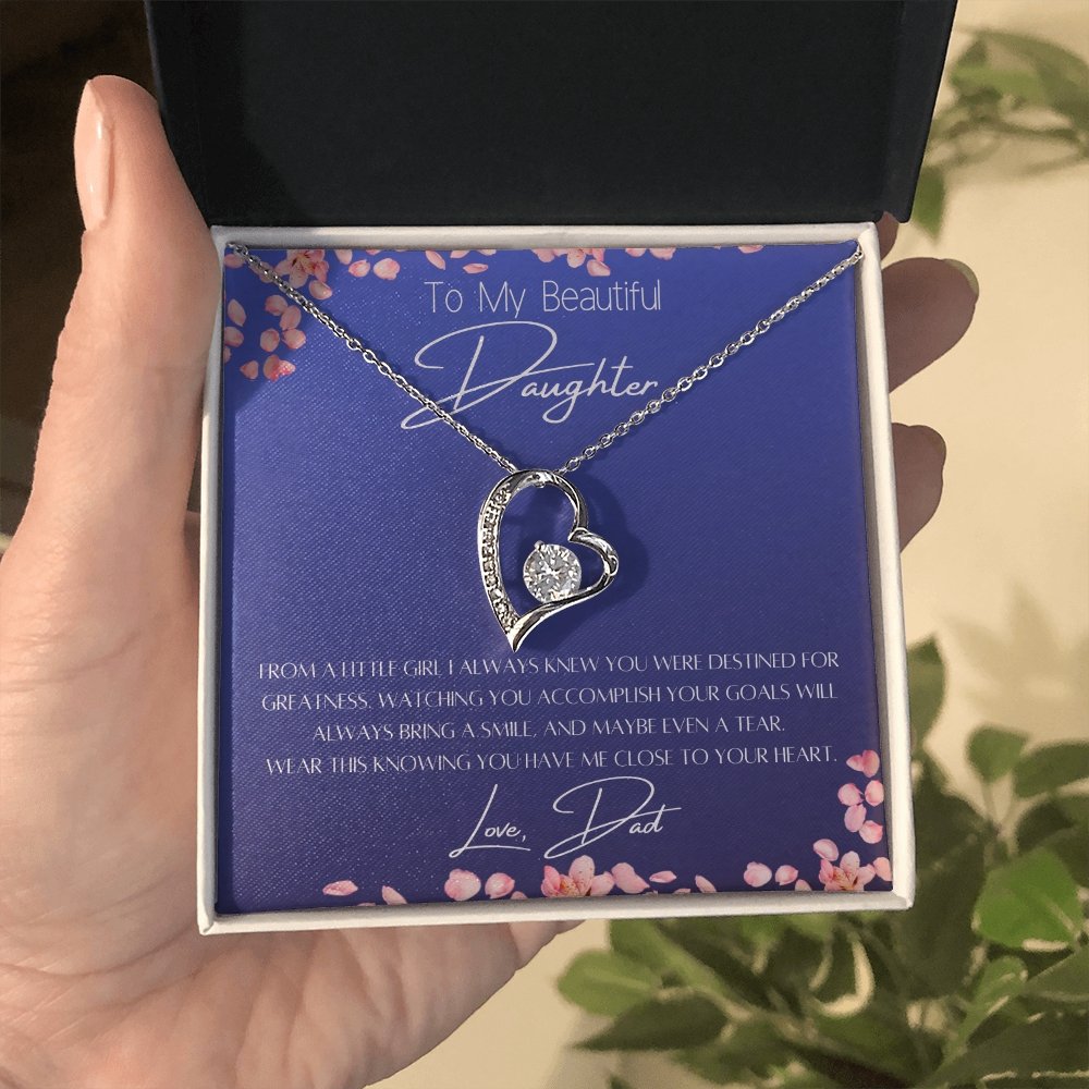 To My Daughter Heart Necklace & Gift Message, From Dad, Dark Blue held by lady
