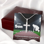 Load image into Gallery viewer, To Our Son Cross Necklace &amp; Card Gift From Mom &amp; Dad, Football Player, Defense
