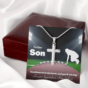 To Our Son Cross Necklace & Card Gift From Mom & Dad, Football Player, Defense