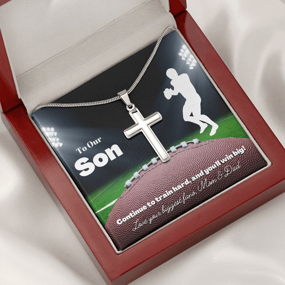To My Son Cross Necklace & Card Gift From Mom & Dad, Football Player, Quarterback