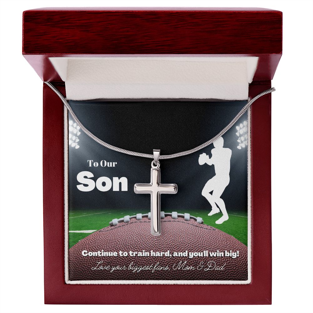 To My Son Cross Necklace & Card Gift From Mom & Dad, Football Player, Quarterback