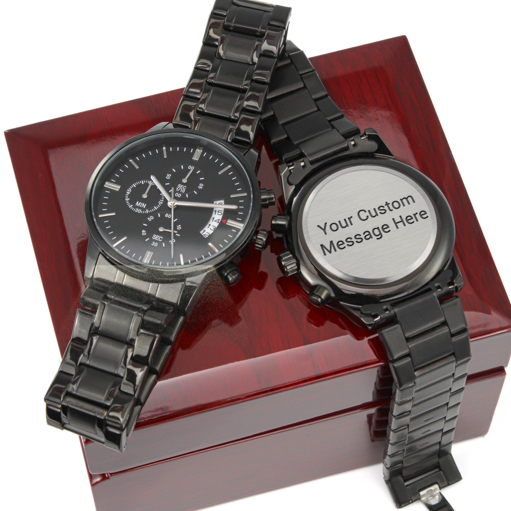 black engravable watch on luxury box