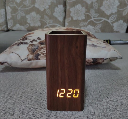Creative Pen Holder Alarm Office Home Gift Simple Wooden Clock
