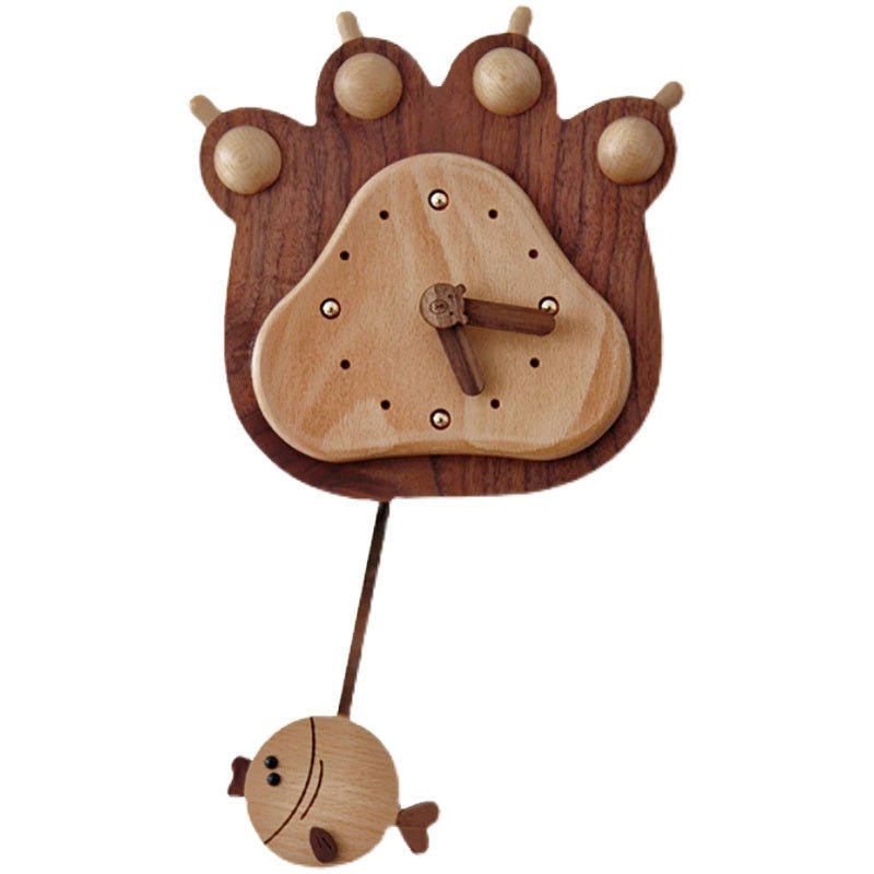 Fish And Bear Paw Cartoon Mute Solid Wood Pendulum Clock