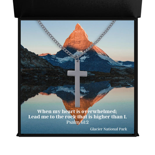 Sacred Cross Necklace, Bible Verse Psalm 61:2, Glacier National Park