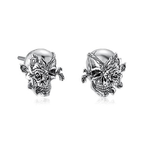 Sterling Silver Rose Flower Skull Stud Earrings Silver Skull Halloween Gift for Women Men