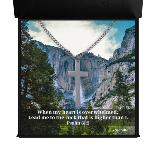 Sacred Cross Necklace, Bible Verse Psalm 61:2, Yosemite Falls