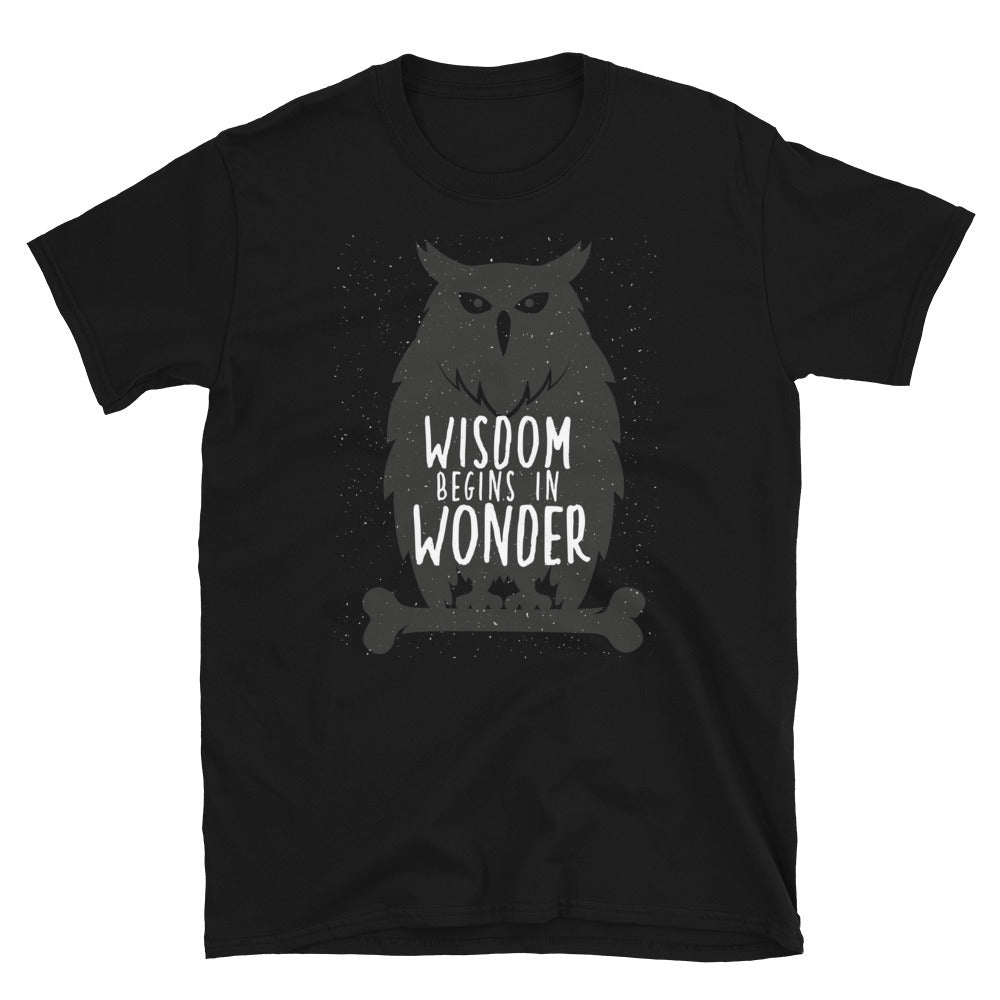 KingWood Owls Wisdom Begins In Wonder Short-Sleeve T-Shirt, Unisex in black