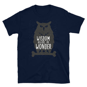 KingWood Owls Wisdom Begins In Wonder Short-Sleeve T-Shirt, Unisex in navy blue