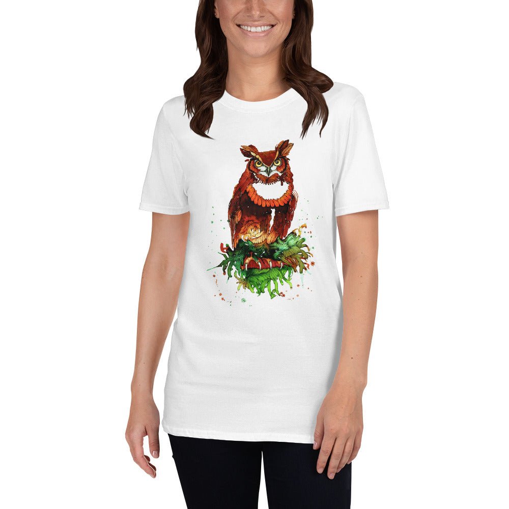 KingWood Watercolor Owl Short-Sleeve T-Shirt, Unisex in white on woman
