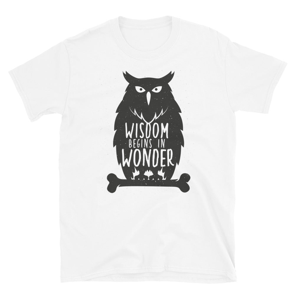 KingWood Owls Wisdom Begins In Wonder Short-Sleeve T-Shirt, Unisex in white